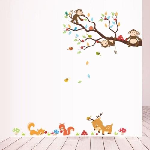 Zoo Animals Deer Squirrel Tree Branch Wall Stickers For Kids Room Kindergarten Home Decor Cartoon Monkey Safari Mural Art Decal