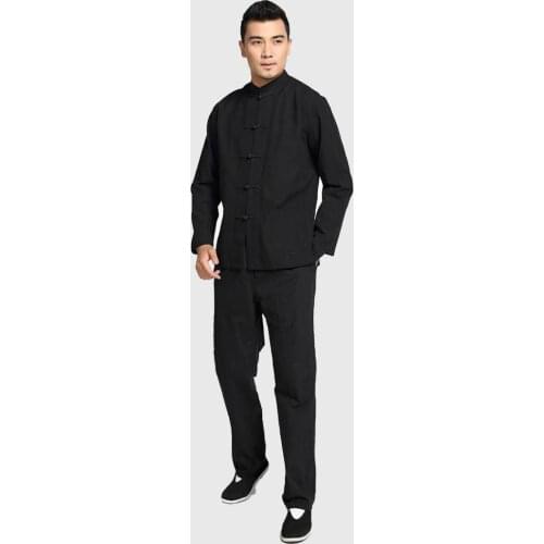 Plus Size Chinese Mens Solid Kung Fu Suit 100% Cotton Loose Wu Shu Tai Chi Sets Jacket&Trousers M L XL XXL 3XL 4XL YZT090610