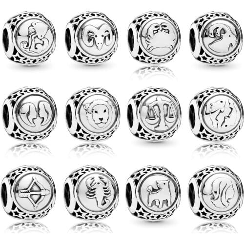 Original 925 Sterling Silver Bead Charm Libra Leo Star Sign Charms 12 Zodiac Constellation Fit Pandora Bracelets Women Jewelry