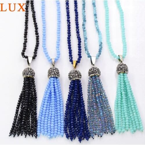 Quartz beads tassel necklace 28" crystal chain long necklace pave rhinestone