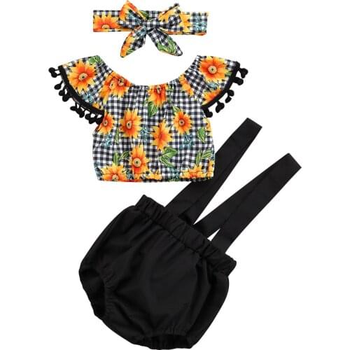 0-24 months Clothing sets Baby Short Sleeves + Suspenders Short + Bow Headband baby girl clothes Bright Sunflower Print Clothing