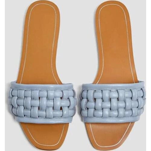 Fashion Woven Women Slippers Outside Wear Beach Shoes Retro Blue Non-slip Comfortable Leather Slides Flat Ladies Flip Flops