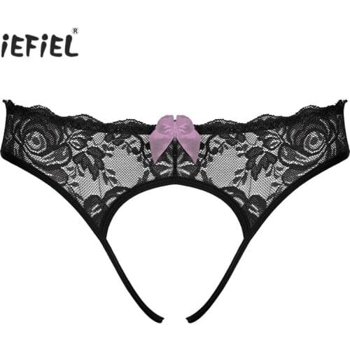 Mens Panties Crotchless Briefs Floral Lace Sexy G-string Underpants Bowknot T-back Sissy Male Gay Underwear Open Butt Thongs