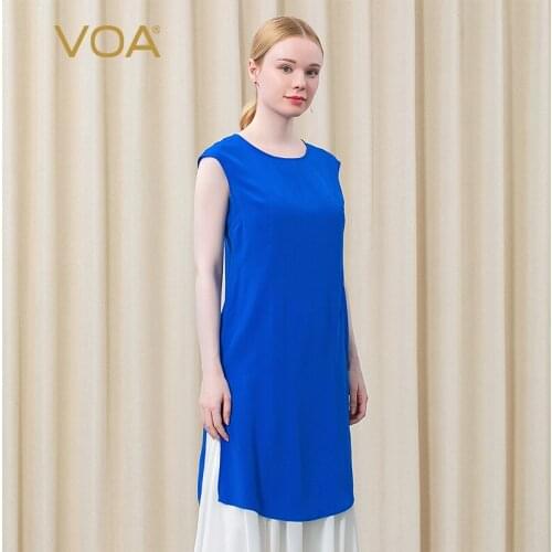 VOA Silk Crepe De Chine Round Neck Short Sleeve Crescent Blue Solid Color Loose Hem Split Casual Simple Long T-shirt Women BT066