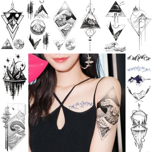 Diamond Rhombus Wave Temporary Tattoos Triangle Planets Mountain Tattoo Sticker For Men Women Geometric Body Art Arm Neck Tatoos