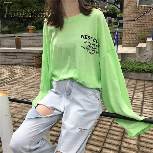 2020 Spring Korean Loose Alphabet Women T Shirt Chic Long Sleeve Female Tee Shirts