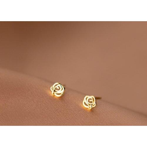 925 Sterling Silver Small Cute Gold Rose Flower Stud Earrings For Fashion Of Pierced Ear Jewelry For Girls Lady Best Gift