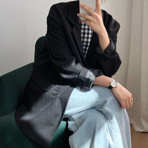 Vintage Notched Collar Double-breasted Blazer For Women 2021 Autumn Female Outerwear Long Sleeve Loose Ladies Jacket Coats C021