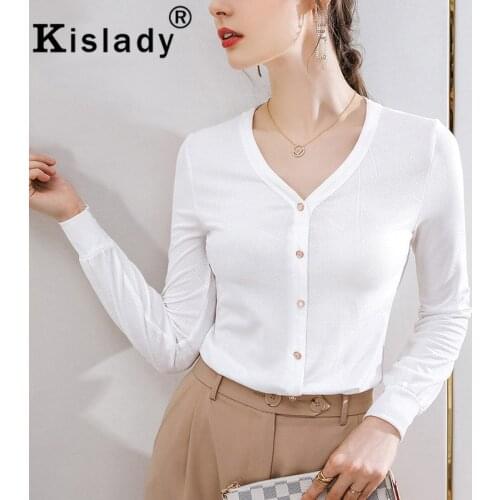Kislady 2020 Womens V-Neck Slim Tops for Spring Autumn Elegant Temperament OL Shirts Korean Dobby Button Solid Gothic Clothes