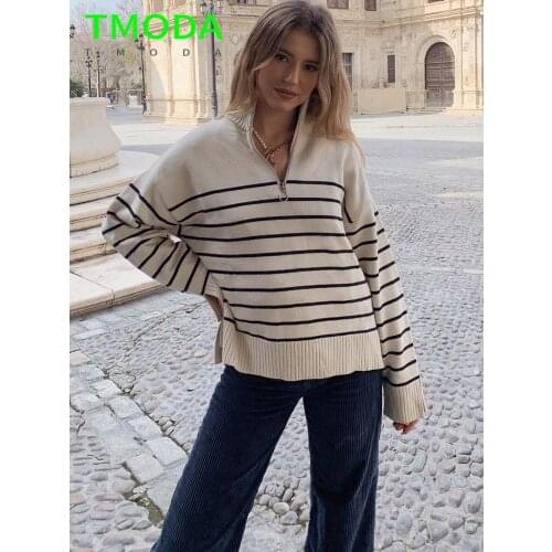 TMODA948 Sweaters 2021 Autumn Winter Tops Women Striped Patterns Knitting Long Sleeve Casual Basic Sweaters Pullover Female