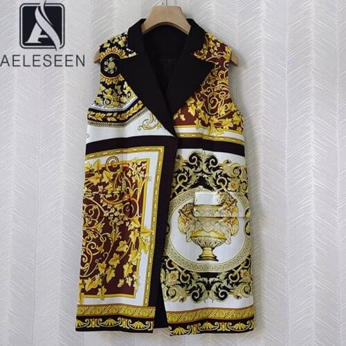 AELESEEN Vintage Women Vest 2021 Designer Fashion Turn-Down Collar Palace Flower Print Retro Slim Long Vest