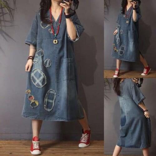Denim Dress Lady Patchwork V-neck Dress For Women 2020 Chinese Vintage Style Lady Personality Loose Dress