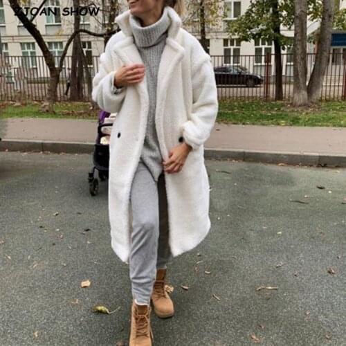 Winter Notched Collar Hairy Shaggy Faux Fur Long Teddy Coat Ivory Woman Shearling Fluffy X-Long Jackets Keep Warm Outerwear