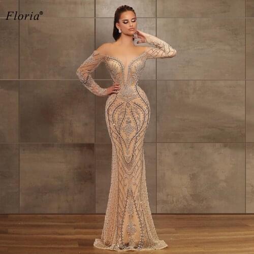 2020 Mermaid Beading Prom Dresses Long Sexy Evening Dresses With Sleeves Women Wedding Party Dresses Robe Longue Turkish Couture