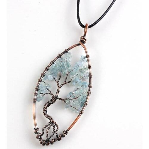 100-Unique 1 Pcs Charm Copper Natural Aquamarines Tree of Life Pendant Marquise Shape Necklace