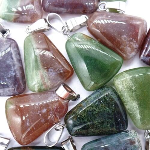 50Pcs 23x17x6mm Wholesale Natural Green And Brown Indian Agate Trapezoidal Pendant Bead DIY Jewelry Accessories Earrings S531