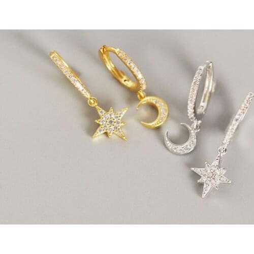 Asymmetry Earrings small Dia.8.5mm 100% Authentic 925 Sterling silver White/gold CZ MOON &STAR Hoop Huggie Earrings TLE666