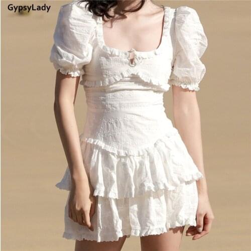 GypsyLady White Lace Mini Dress 100% Cotton Casual Chic Holiday Women Dress Ruffles Sheer Backless Sexy Ladies Female Dresses