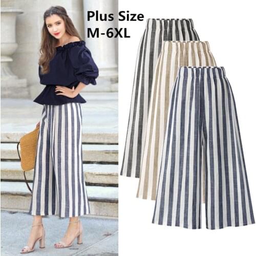 2019 Plus Size Loose Wide Leg Pants Women Cotton Line Pants Trousers Strip High Waist Loose Female Pants