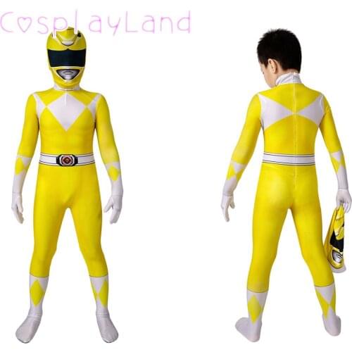 Kids Yellow Ranger 3D Printed Jumpsuit Children Halloween Carnival Superhero Cosplay Costume Boys Zentai Bodysuit Helmet Mask