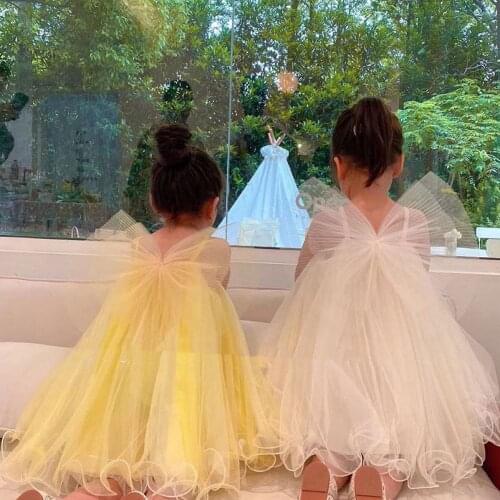 Girls Party Fairy Dress Kids Children Mesh Spaghetti Back Bow Wing Lolita Lace Birthday Dresses Vestidos S12296