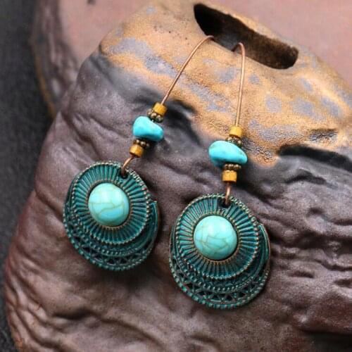 Ethnic Natural Blue Stone Earrings Summer Bohemian Jewelry Bronze Metal Round Beads Multilayer Drop Earrings for Women