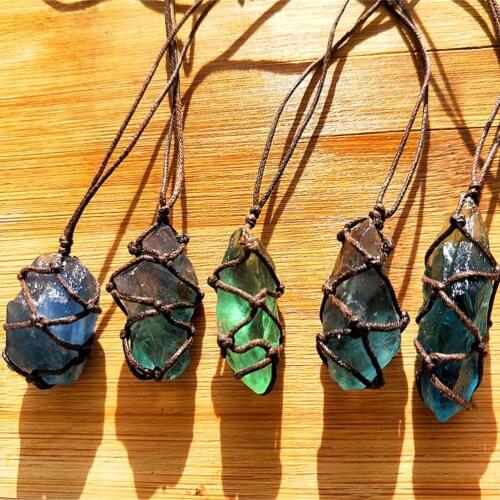 Natural Quartz Crystal Stone Blue-green Fluorite Treatment Stone Fluorite Ornament Fluorite Pendant With Hand-woven Braided Rope