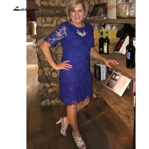 Royal Blue Lace Dress Plus Size Short Evening Night Party 2020 Modest Mother of The Bride Dress with Half Sleeves