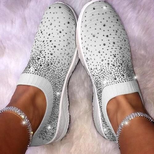 Women Crystal Bling Sneakers Summer Casual Breathable Knitted Sock Sneakers Vulcanize Shoes Comfortable Slip on Flat Loafers New