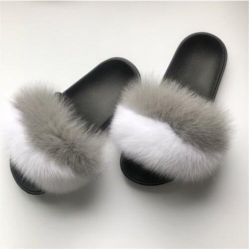 Summer Raccoon Fur Slippers For Women Fluffy Real Fox Hair Slides Plush Home Sandals Girls Cute Rainbow Flip Flops Ladies Shoe