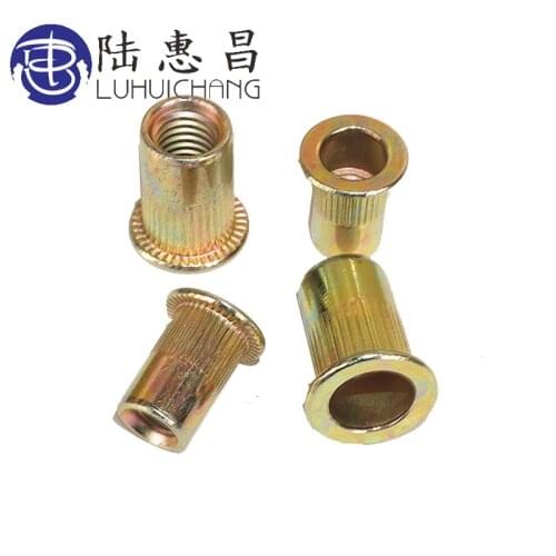 LUCHANG 100Pcs M4 M5 M6 M8 M10 Zinc Plated Carbon Steel Knurled Nuts Riv nut Flat Head Threaded Rivet Insert Nutsert Cap