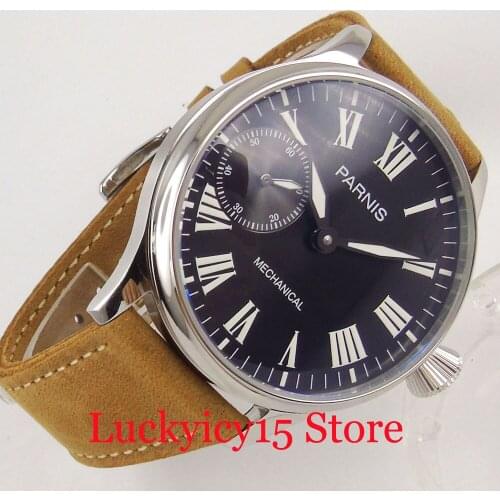 Top Quality Mechanical 44mm Hand Winding Mens Wristwatch Black Dial 17 Jewels 6497 Movement Leather Strap