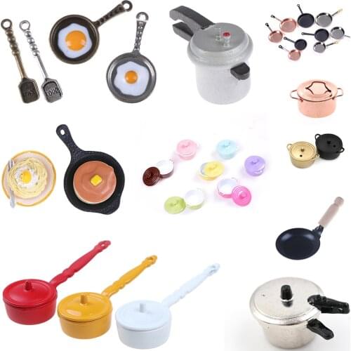 Multi Styles 1/12 Dollhouse Pot Frying Coffee Cake Pot Boiler Pan Copper Pot with Lid Rice Cooker Doll Simulation Kitchen Toys