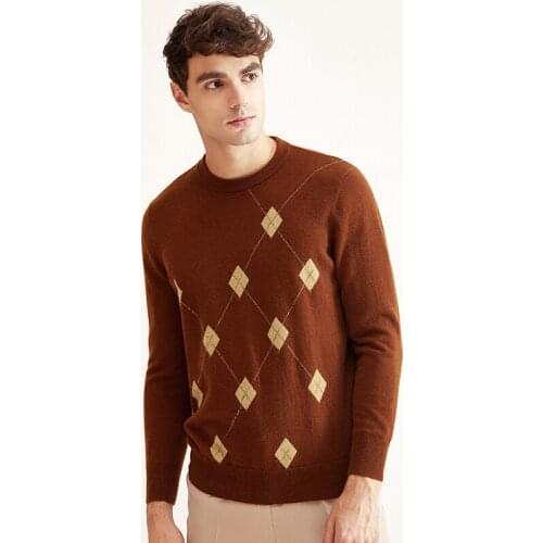 ZHILI Mens Round Neck With Argyle Cashmere Sweater