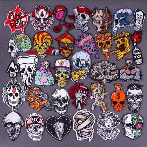 Punk Patch Embroidered Iron On Patches On Clothes DIY Skull Stripes Patch Sticker Pizza Badges Clothing Thermoadhesive Patches