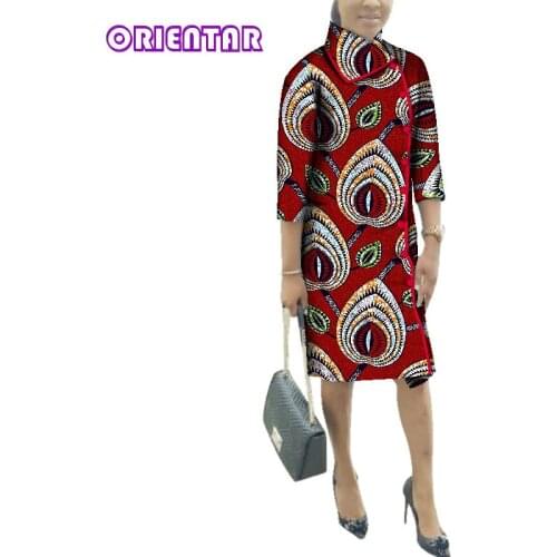 Autumn Vintage African Clothes for Women Africa Print Trench Coat Long Shirt Dresses Cotton Long Sleeve Lady Top Dress WY291