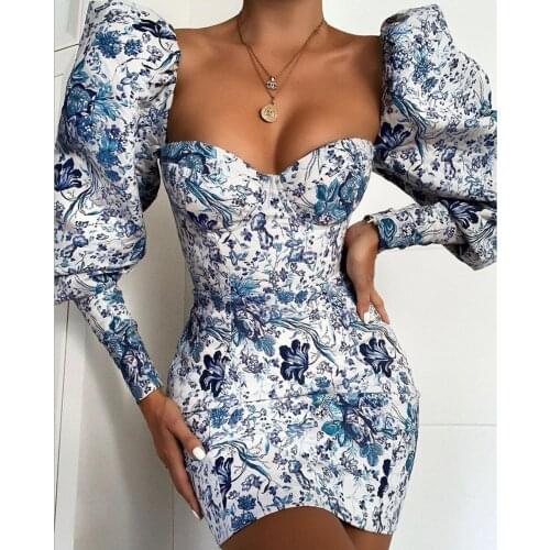 Summer Sexy Lady Floral Print Mini Hip Dress Puff Full Sleeve Square Collar Pretty Girl Vintage Party Vestido De Mujer Casual