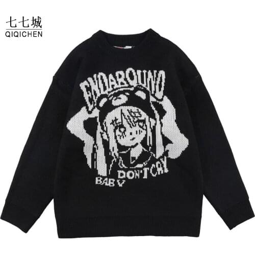Casual Knitted Sweater Men Streetwear Japanese Anime Girl Harajuku Pullover Unisex Cartoon Oversized Hip Hop Sweater Women New