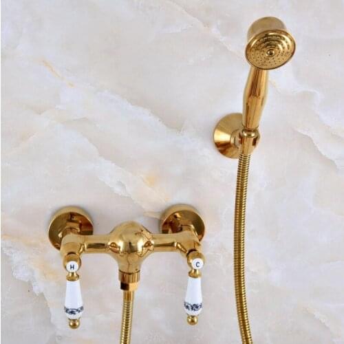 Luxury Polished Gold Color Brass Bathroom Hand Held Shower Head Faucet Set Mixer Tap Dual Ceramic Handles mna981