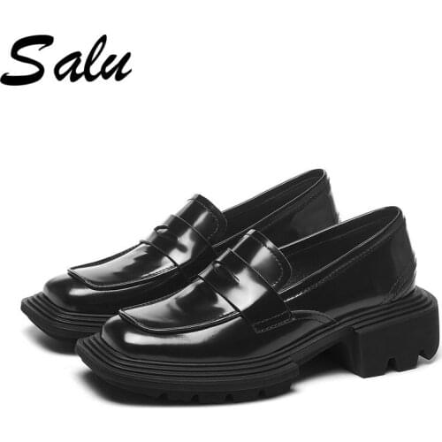 Salu Retro 2021 Women Genuine Leather Thick High Heels Pumps Prom Shoes Woman Genuine Leather Rome Style Pumps Women Shoes