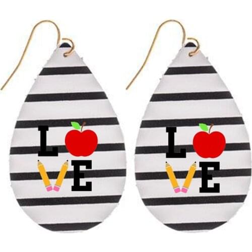 Back To School ABC Apple and Pencil Faux Leather Earrings For Teacher Heart Black and White Striped Teardrop2021 New Style