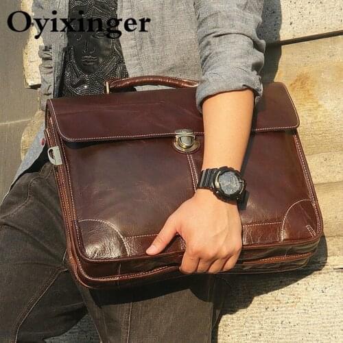 OYIXINGER Genuine Leather Vintage Laptop Bag Natural Cowhide Office Laptop Handbag For 14 Inch Macbook Hp Mens Luxury Briefcase
