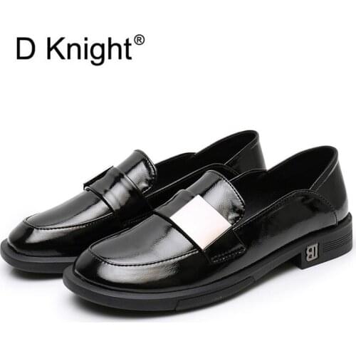 Spring New Shallow Mouth Flats Oxford Shoes For Woman Japanese Genuine Patent Leather Round Toe Uniform Office Lady Work Loafers