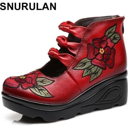 SNURULAN 2020 Women Flower Andals Shoes Slope Leather Shoes Casual Fashion Embroidered Ladies Vintage Waterproof Platform Shoes