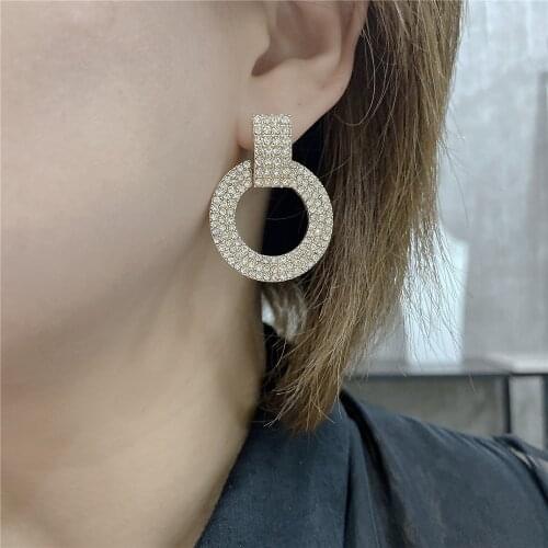 Trendy Gold Color Plating Clear Stone Paving Circle Medium Size Stud Earrings For Women BlingBling Elegant Gorgeous Jewelry