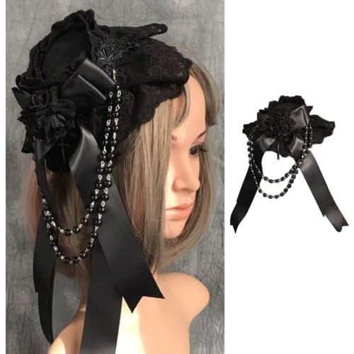 Girls Gothic Headdress Lace Top Hat Ribbon Bows Lolita Flower Bowknot Headwear Vintage Royal Style Halloween Headpiece