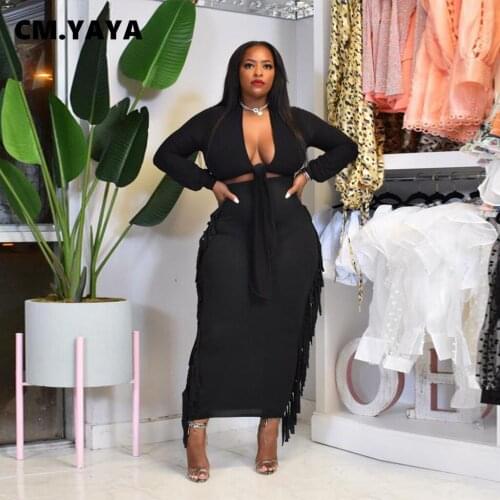 CM.YAYA Women Skirts Set Solid Bandage Crop Top Tassel Long Skirt Two 2 Piece Sets Ladies Vintage Outfit Fashion Streetwear Fall