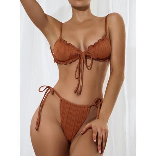 Ladies Swimsuit Solid Color Split Body Thin Sexy European And American Fan Ins Wind Hot Spring Swimsuit Bikini Three-Piece Suit