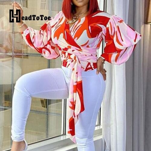 Print Lace Up Casual Crop Top Women Puff Sleeve V Neck Women Tops