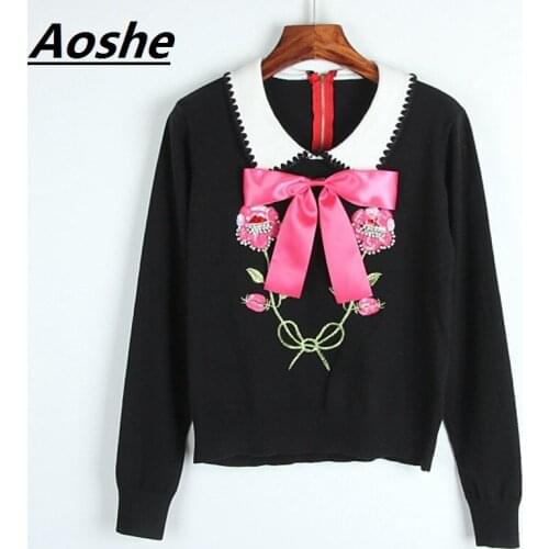 Aoshe Runway Sweater Women Luxury Rhinestones Sequins Flower Bow Knit Pullovers 2018 Winter Jumper Blusas De Inverno Feminina
